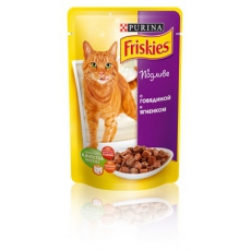 Friskies (Фріскіс) Консервований повнораціонний корм для дорослих котів з яловичиною та ягням. Шматочки у підливці 100 г